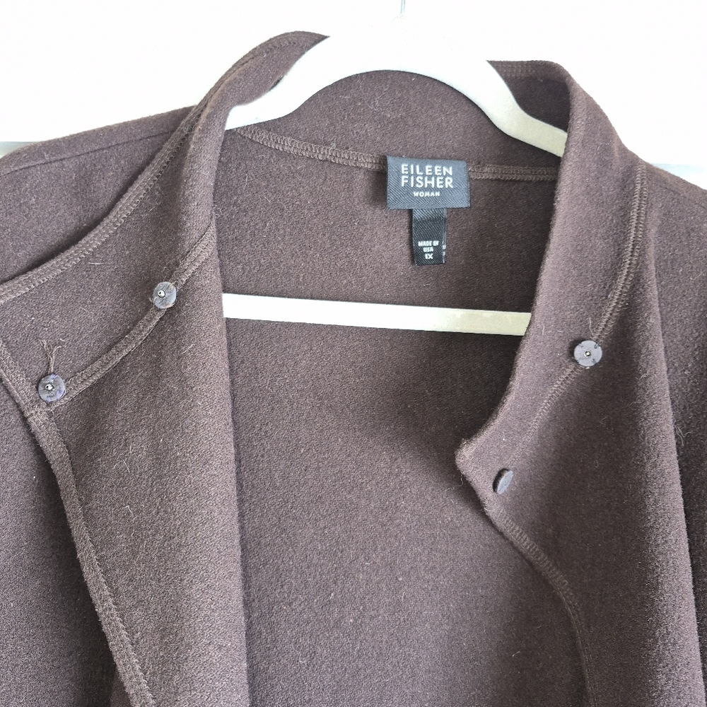 Eileen Fisher Dark Brown Mock Neck knee-length, relaxed fit wool coat, 1X - Picture 4 of 14
